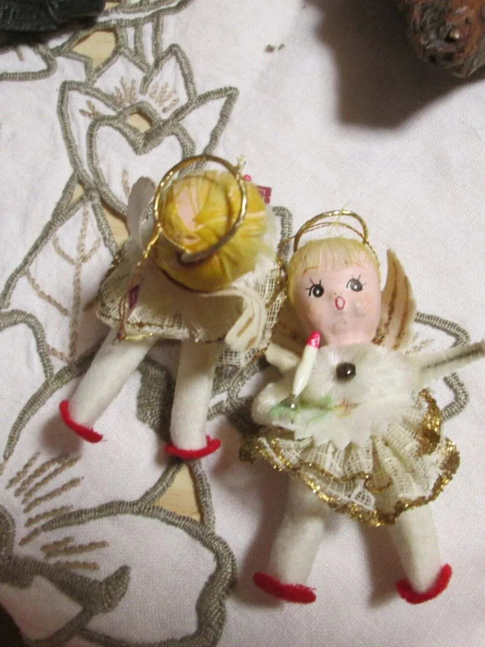 2 vtg japan mcm ornaments angels with halos' felted tinsel trim